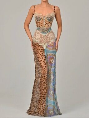 Elegant Leopard & Blue Print Lace-Trim Slip Dress